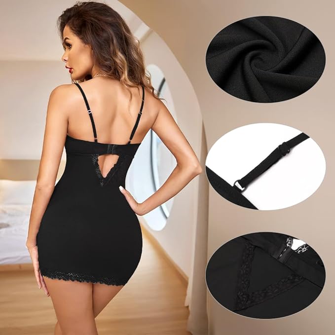 Women Sexy Bodysuit Babydoll Lingerie Set, One Piece Lace Nightdress Deep V Neck Nightwear Lingerie Set Babydoll Chemise Sleepwear Nightgown Underwear S-XL