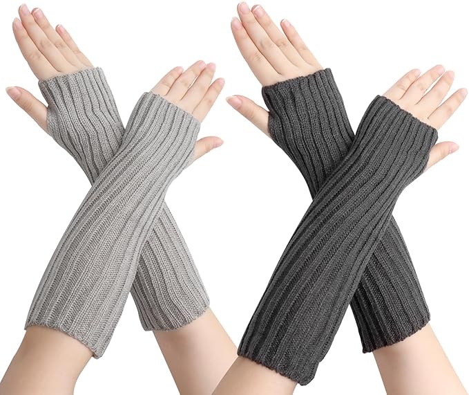 2 Pairs Long Arm Warmers & Sleeves, Fashion Arm Warmers with Thumb Hole for Women, Men