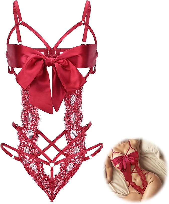 Sexy Lingerie for Women Lace Bodysuit One Piece Naughty Lingerie Unwrap Me Big Bownot Lingerie