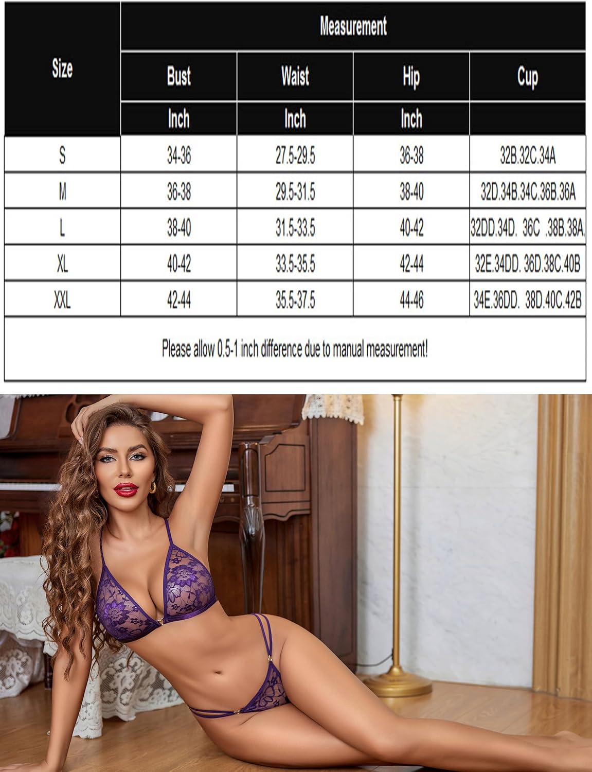 Lace Bra & Thong Set size chart