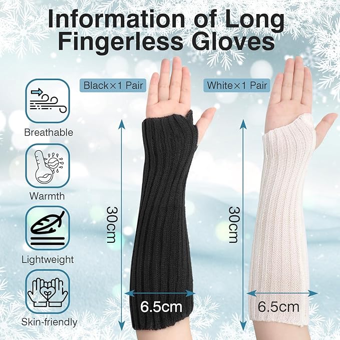 2 Pairs Long Arm Warmers & Sleeves, Fashion Arm Warmers with Thumb Hole for Women, Men