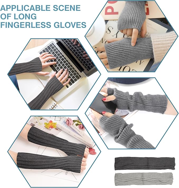 2 Pairs Long Arm Warmers & Sleeves, Fashion Arm Warmers with Thumb Hole for Women, Men