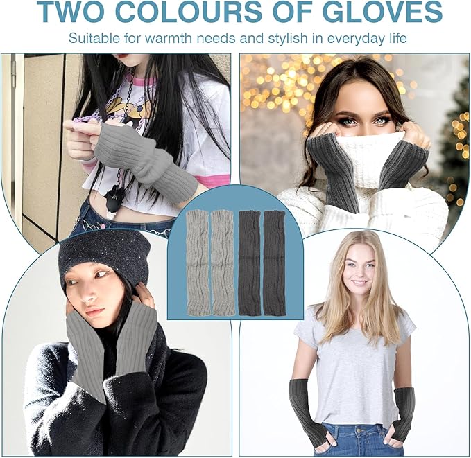 2 Pairs Long Arm Warmers & Sleeves, Fashion Arm Warmers with Thumb Hole for Women, Men