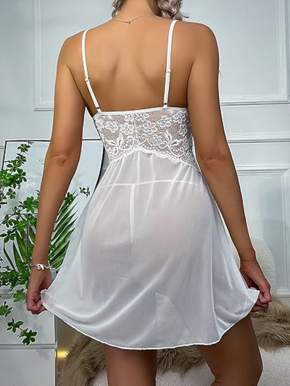 Elegant Sheer Babydoll Lingerie Dress with G-String | Cotton & Polyester Lace Nightwear for Women | Bridal & Special Occasion Sleepwear