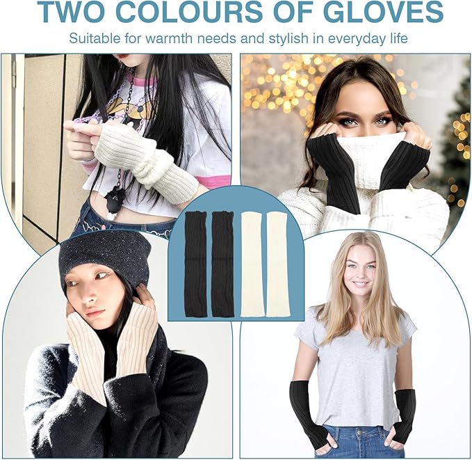 2 Pairs Long Arm Warmers & Sleeves, Fashion Arm Warmers with Thumb Hole for Women, Men