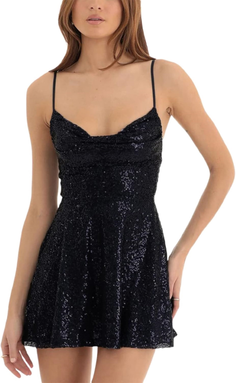 A model wearing a black sequined mini dress with thin shoulder straps.