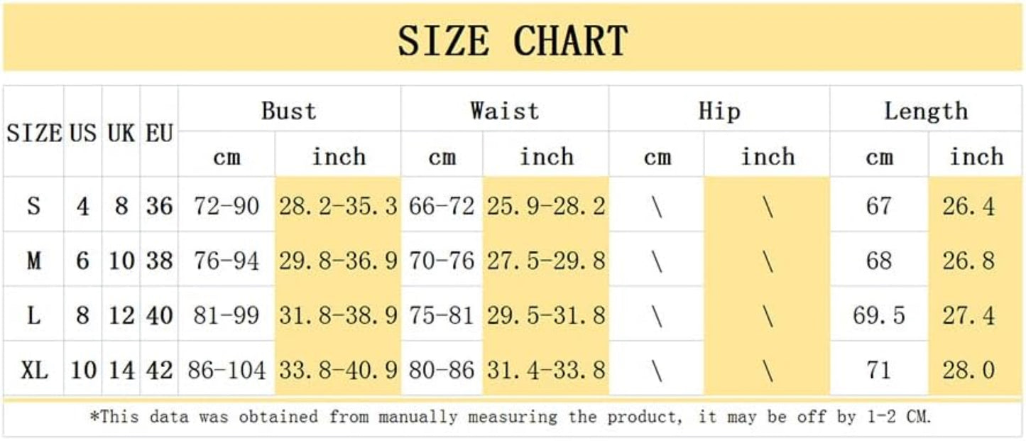 Size chart for a product, displaying measurements in centimeters and inches for sizes S to XL. Includes Bust, Waist, Hip, and Length dimensions. Note: Measurements are approximate and may vary by 1-2 cm