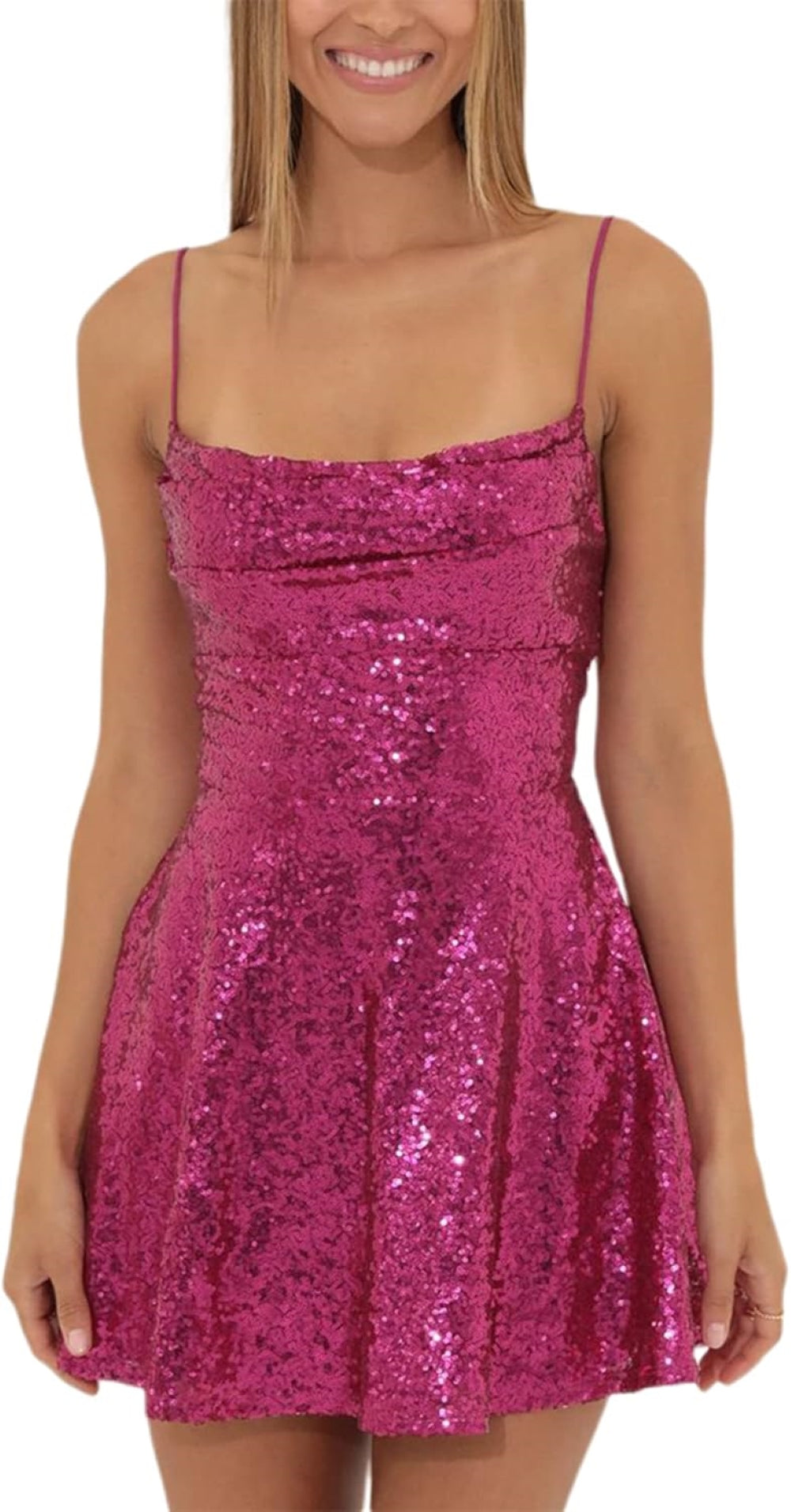 A model wearing a rose Red sequined mini dress with thin shoulder straps and a flared skirt.