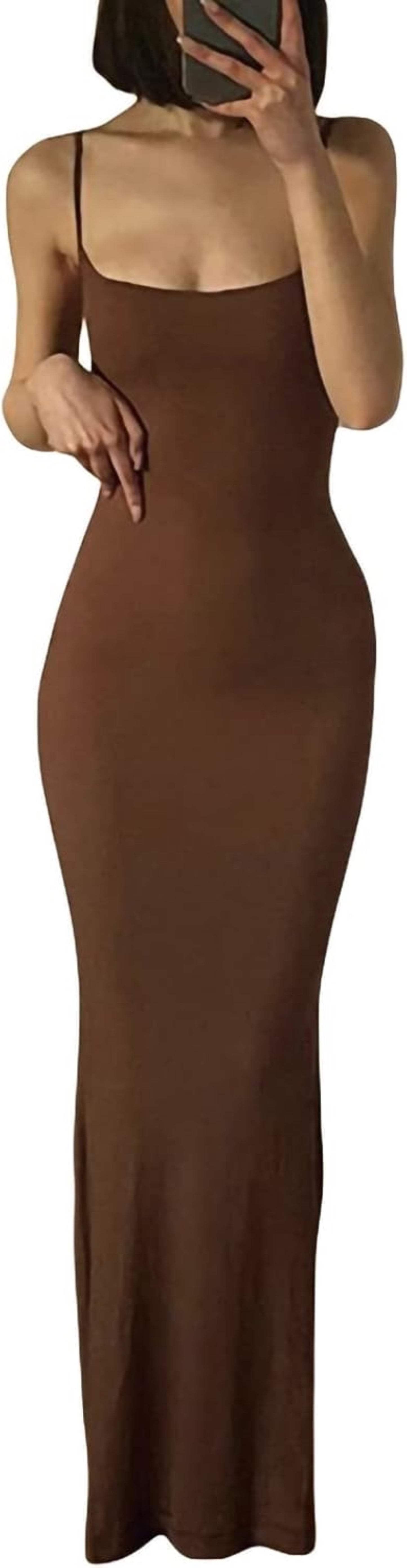 Model wearing Brown sleeveless maxi dress with square neckline and spaghetti straps