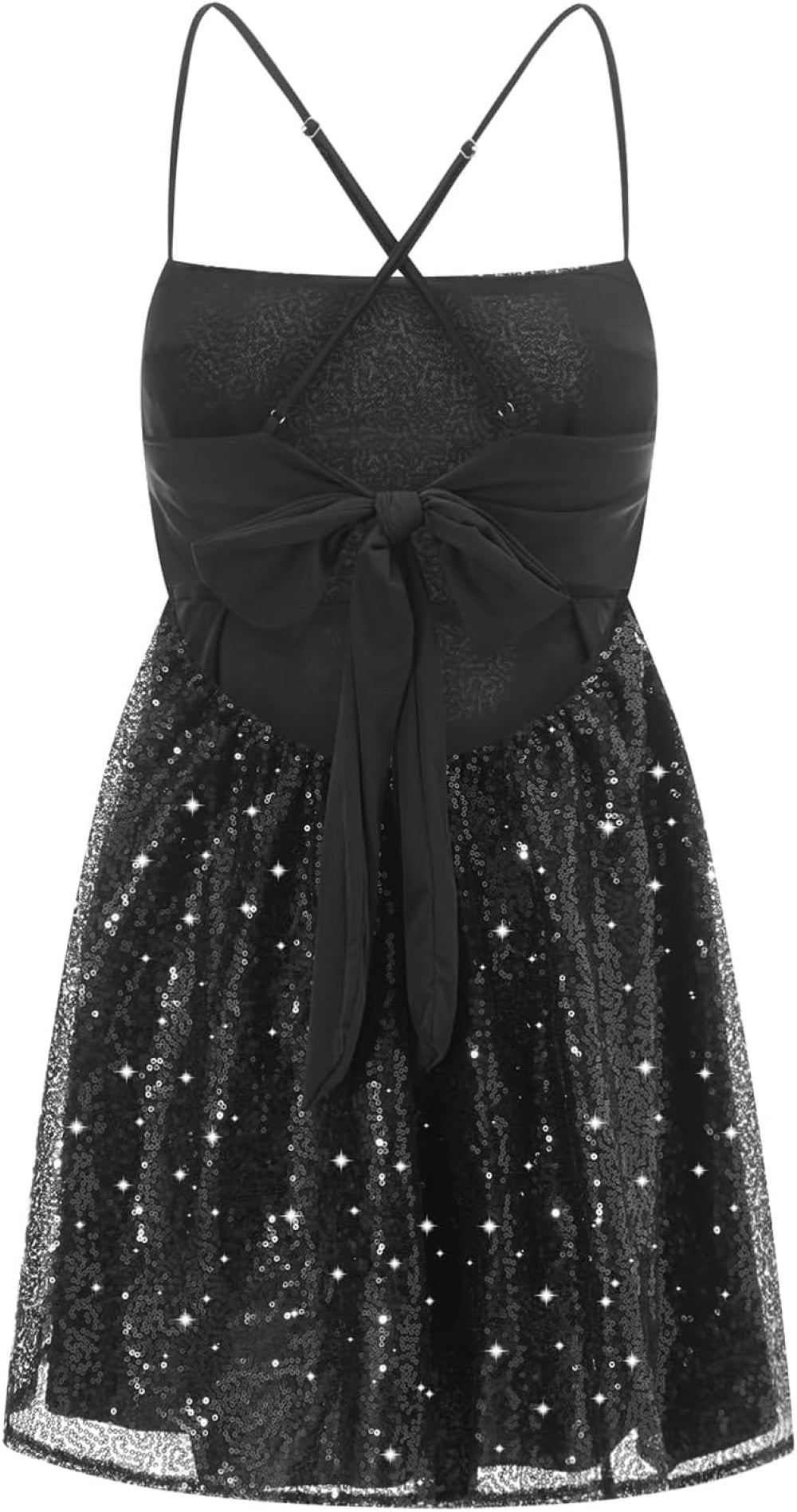 Black sequin mini dress with a crisscross back and bow at the waist