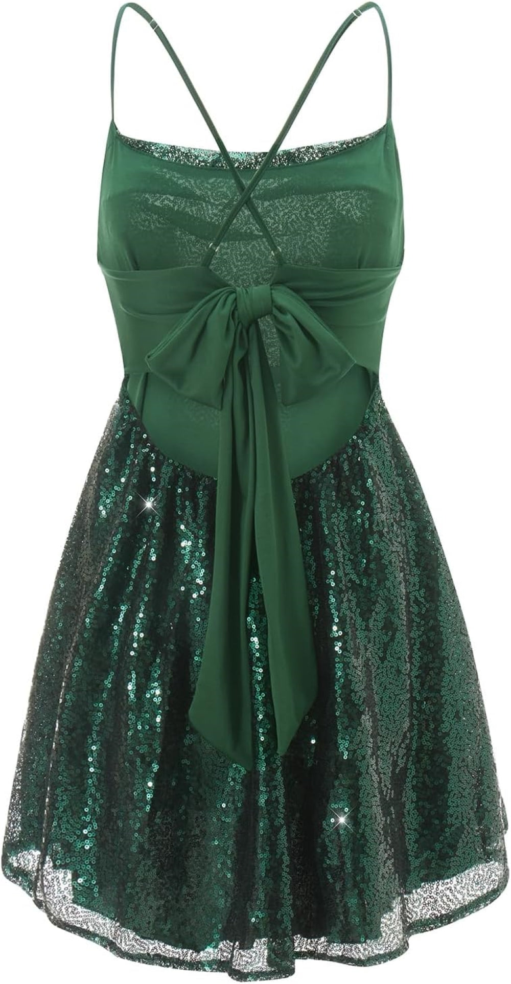 dark-Green mini dress with a fitted bodice, thin spaghetti straps, and flared skirt. Shown against a plain background