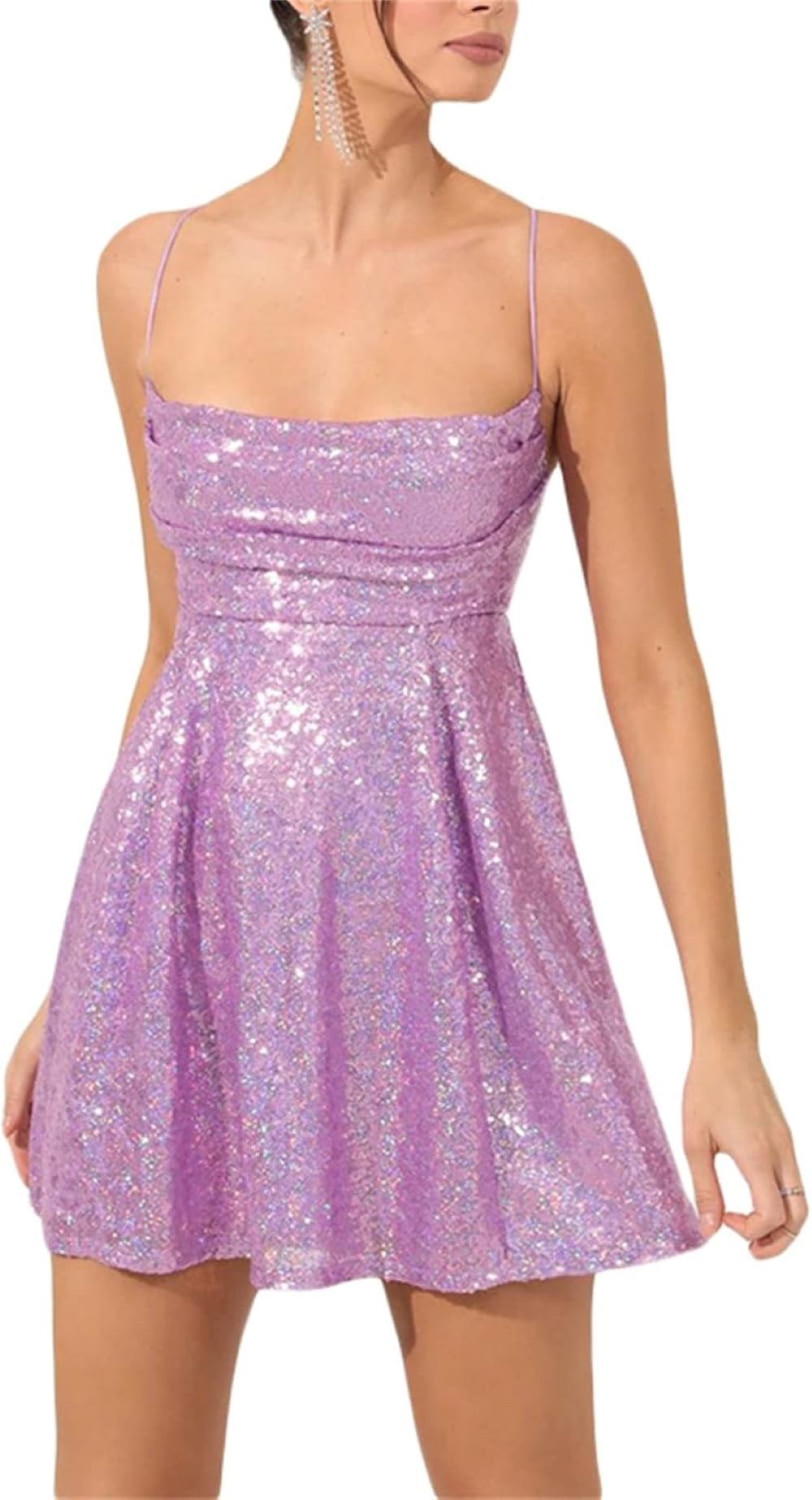 Purple sequin mini dress with a square neckline, thin spaghetti straps, fitted bodice, and flared skirt. Shown against a plain background.