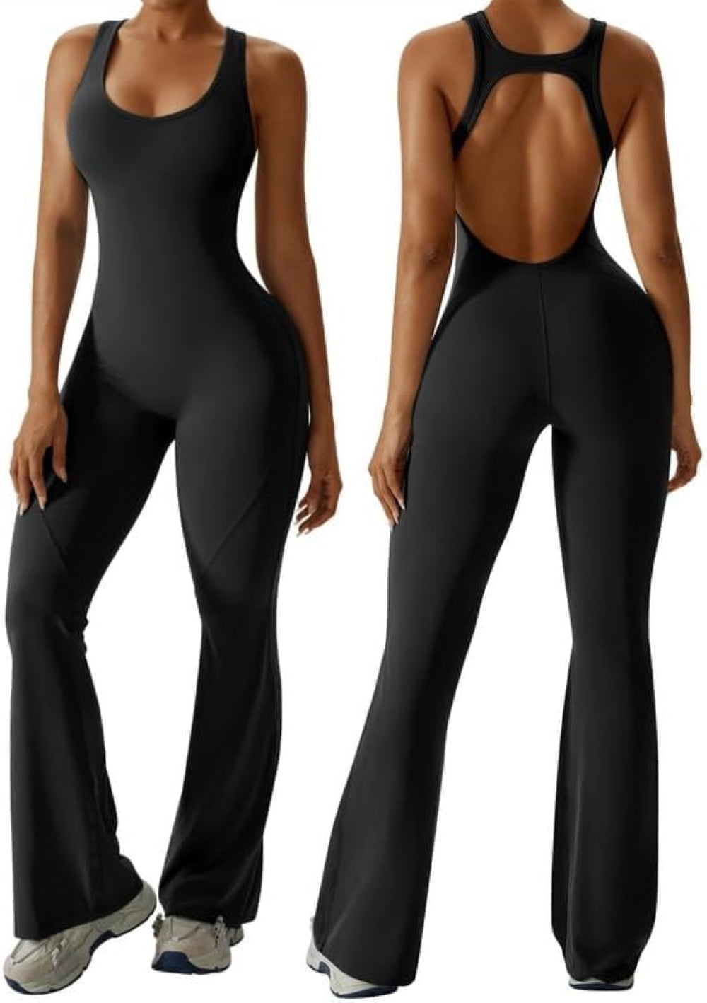 Women's Flared Jumpsuit – Sexy Backless Tight Fitted Sleeveless Racerback Bodysuit with U-Neck and Removable Padding – Wide-Leg Bodycon Unitard Outfit for Yoga and Fitness