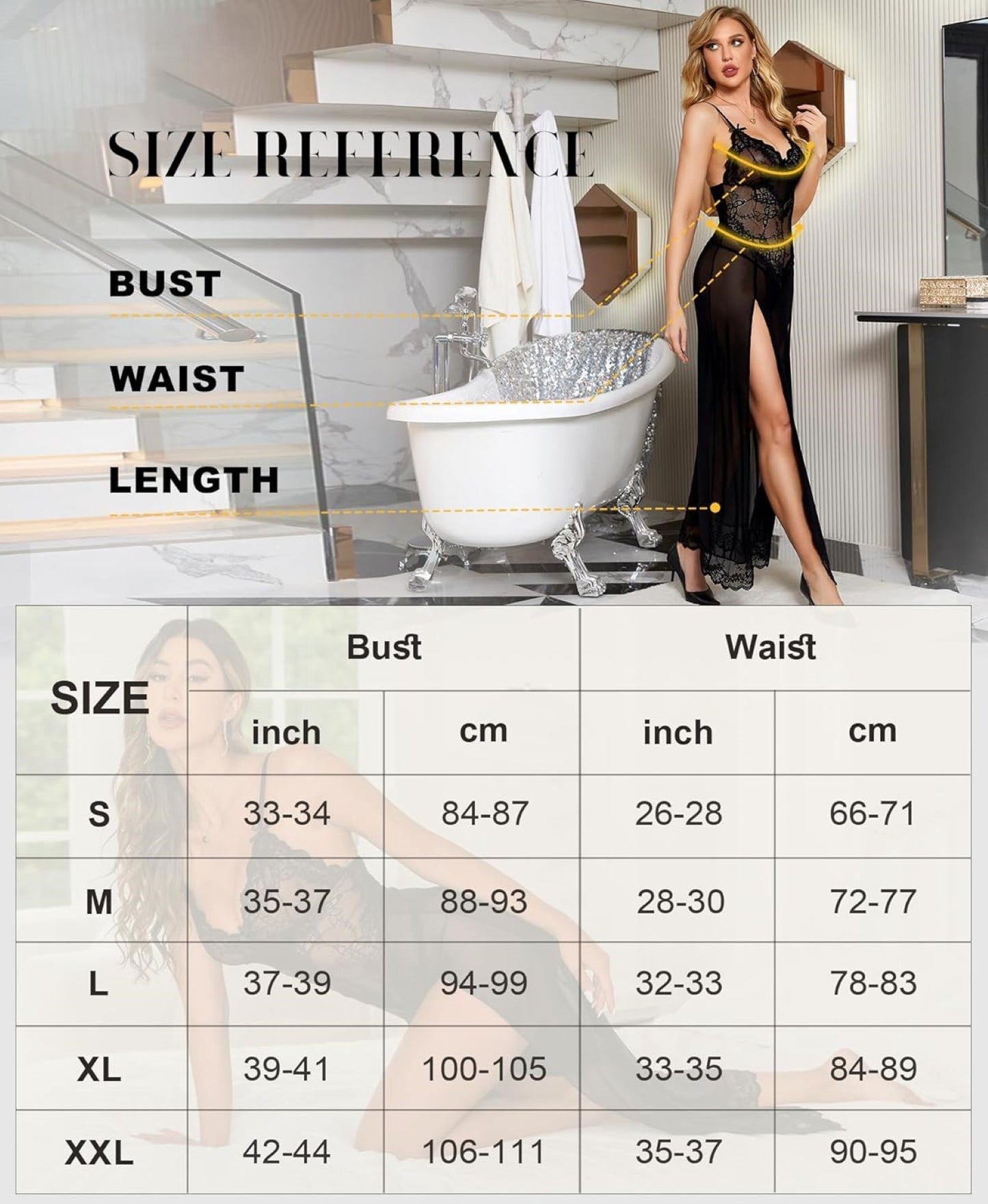 Women's Lace Chemise Nightdress & G-String – Long Mesh Babydoll Lingerie (Bridal, Maternity-Friendly Nightgown)