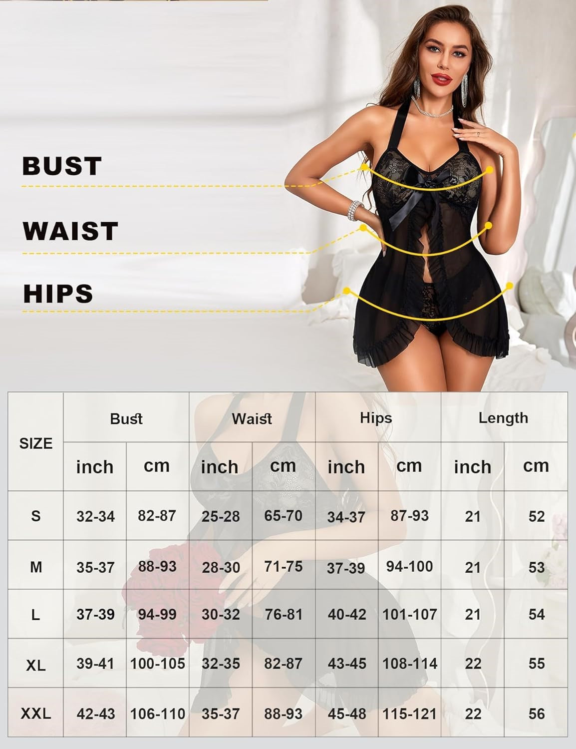 Sheer Lace Babydoll Open Front Chemise Lingerie Set for Women – Valentine's Day & Bridal Nightwear