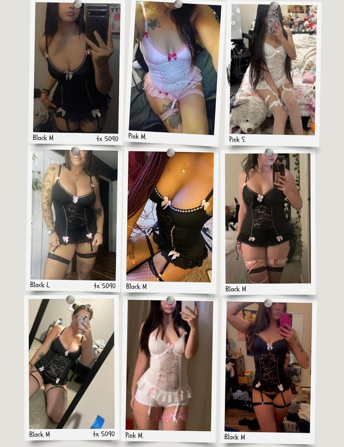 A lingerie set collage featuring black, pink, and white styles. Each ensemble includes a basque with lace trim, suspender belts, fishnet stockings, and optional bows. Sizes range from medium to large, showcasing versatility in design and comfort. Ideal for a range of body types, the collection emphasizes adjustable straps, adjustable stockings, and intricate elastic detailing for a custom fit.