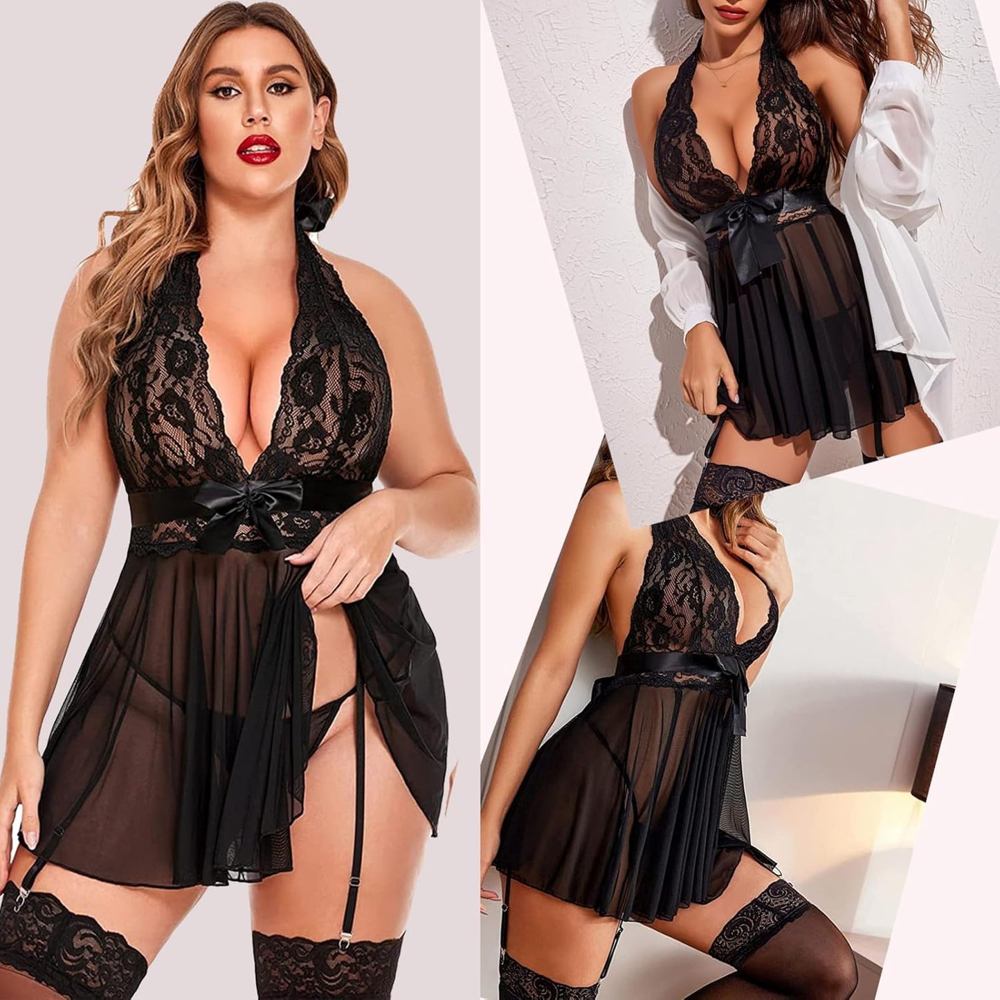 Black lace lingerie set with deep neckline bodice, sheer skirt, and garter straps. Includes floral lace stockings. Paired with a white long-sleeve shirt. Models shown in different poses to display the outfit from multiple angles