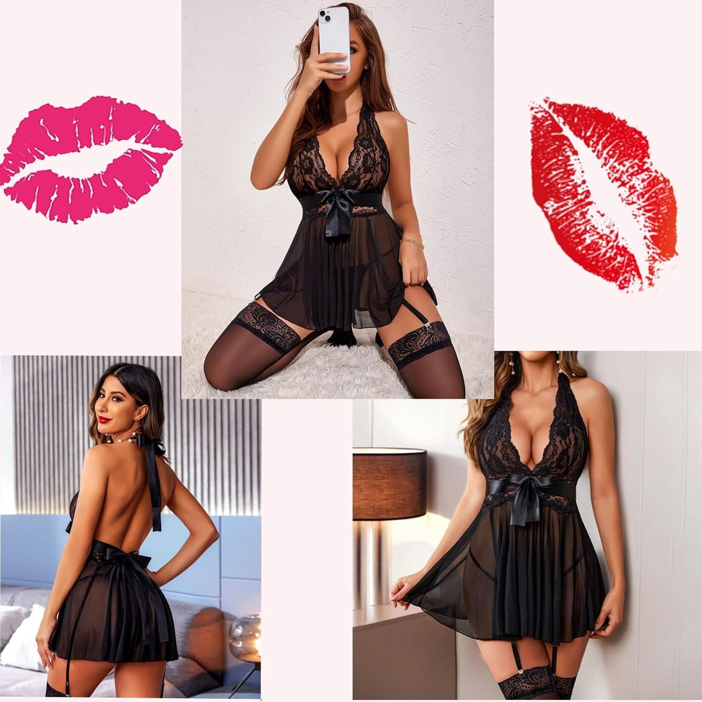 Black lace lingerie set with deep neckline, sheer skirt, and garter straps. Stockings included. Model shown in various poses and settings, including bedroom and indoor environments, with close-up details of the lace and skirt design.