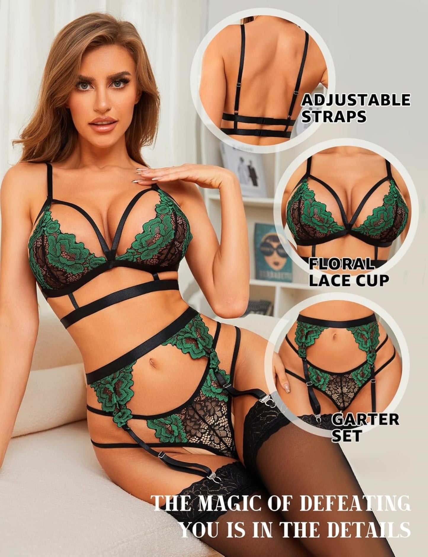 Elegant Floral Lace 3-Piece Lingerie Set – Bra, Thong & Adjustable Garter Belt (UK S–XXL) – Valentine's Day Multi-Colour Lingerie for Women