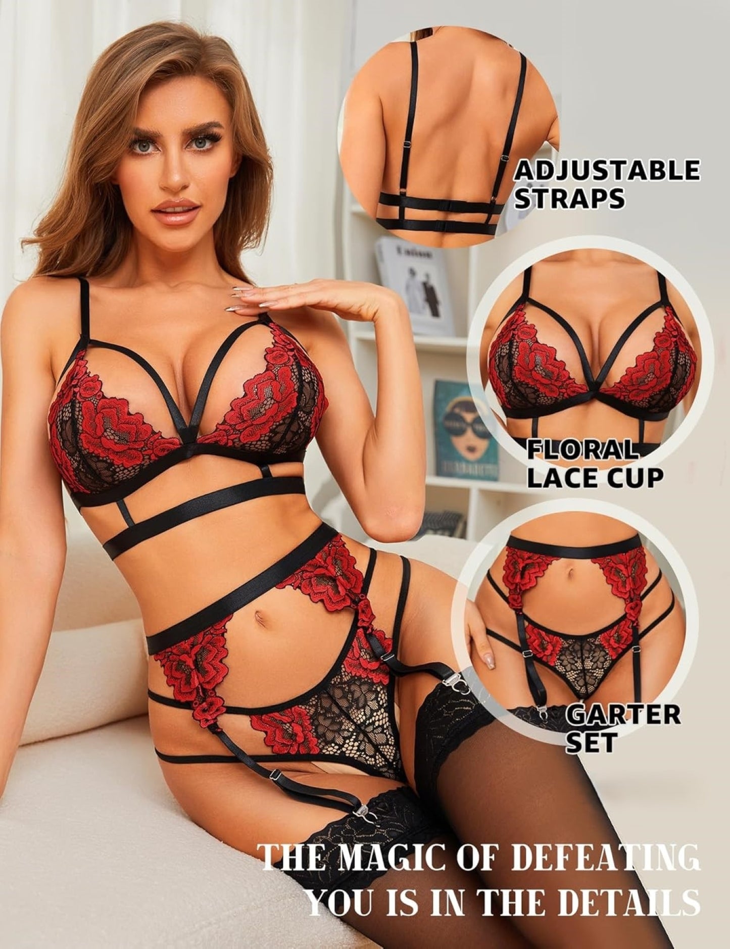 Elegant Floral Lace 3-Piece Lingerie Set – Bra, Thong & Adjustable Garter Belt (UK S–XXL) – Valentine's Day Multi-Colour Lingerie for Women