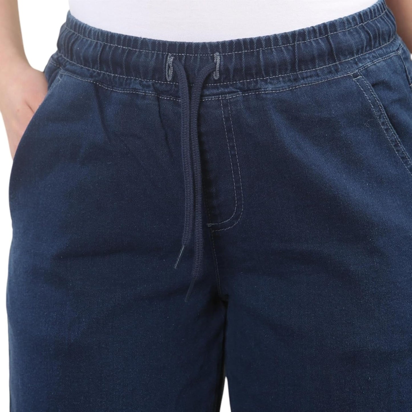 blue wide-leg pants with elastic waistband and drawstring, showing detail of the waistband and front pockets.