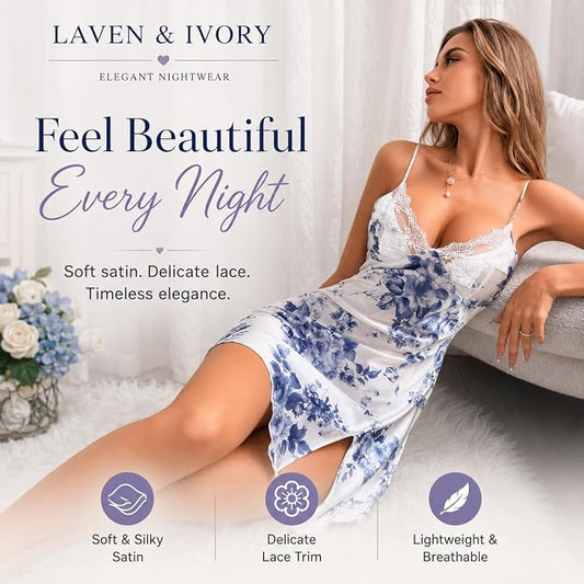 A woman reclines on a sofa wearing a sheer white satin nightgown with a blue floral print and lace trim. The image includes promotional text for Laven & Ivory Elegant Nightwear and feature callouts about soft silky satin, delicate lace trim, and lightweight breathability.
