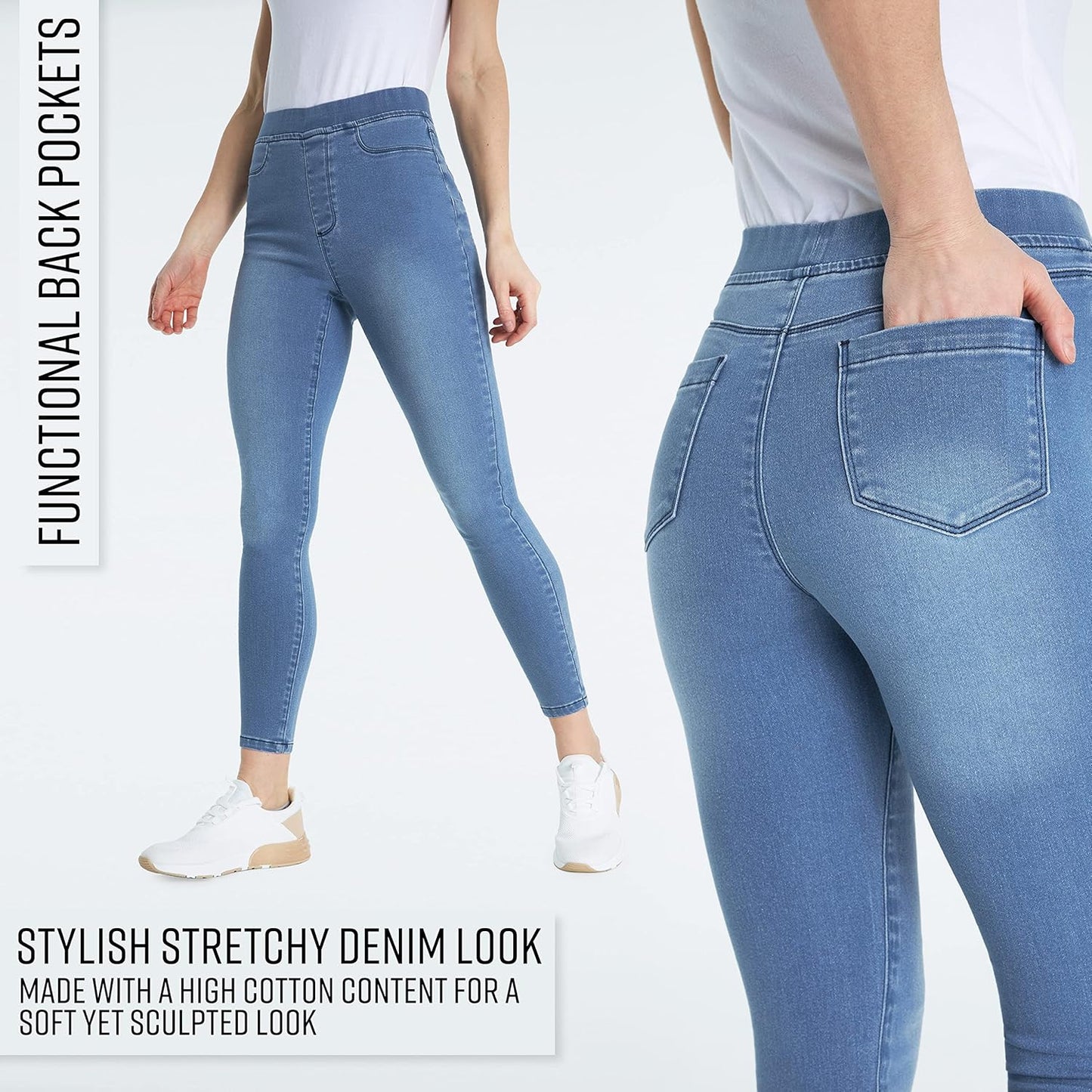 Light Blue-Wash-waisted skinny jeans with functional back pockets, paired with a white short-sleeved shirt and white sneakers.