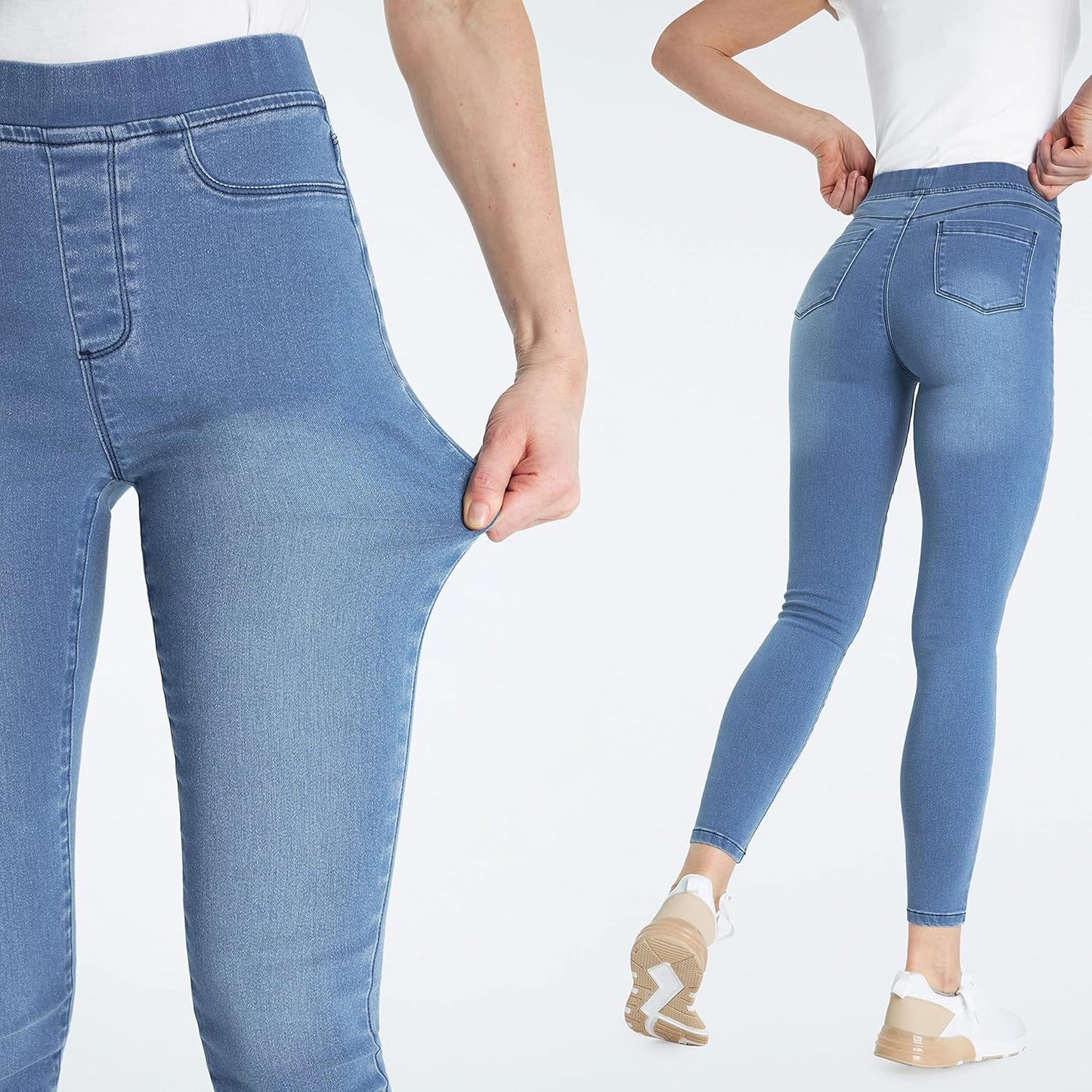 Blue-Wash stretchy denim jegging with high waistband and functional pockets, paired with white sneakers.