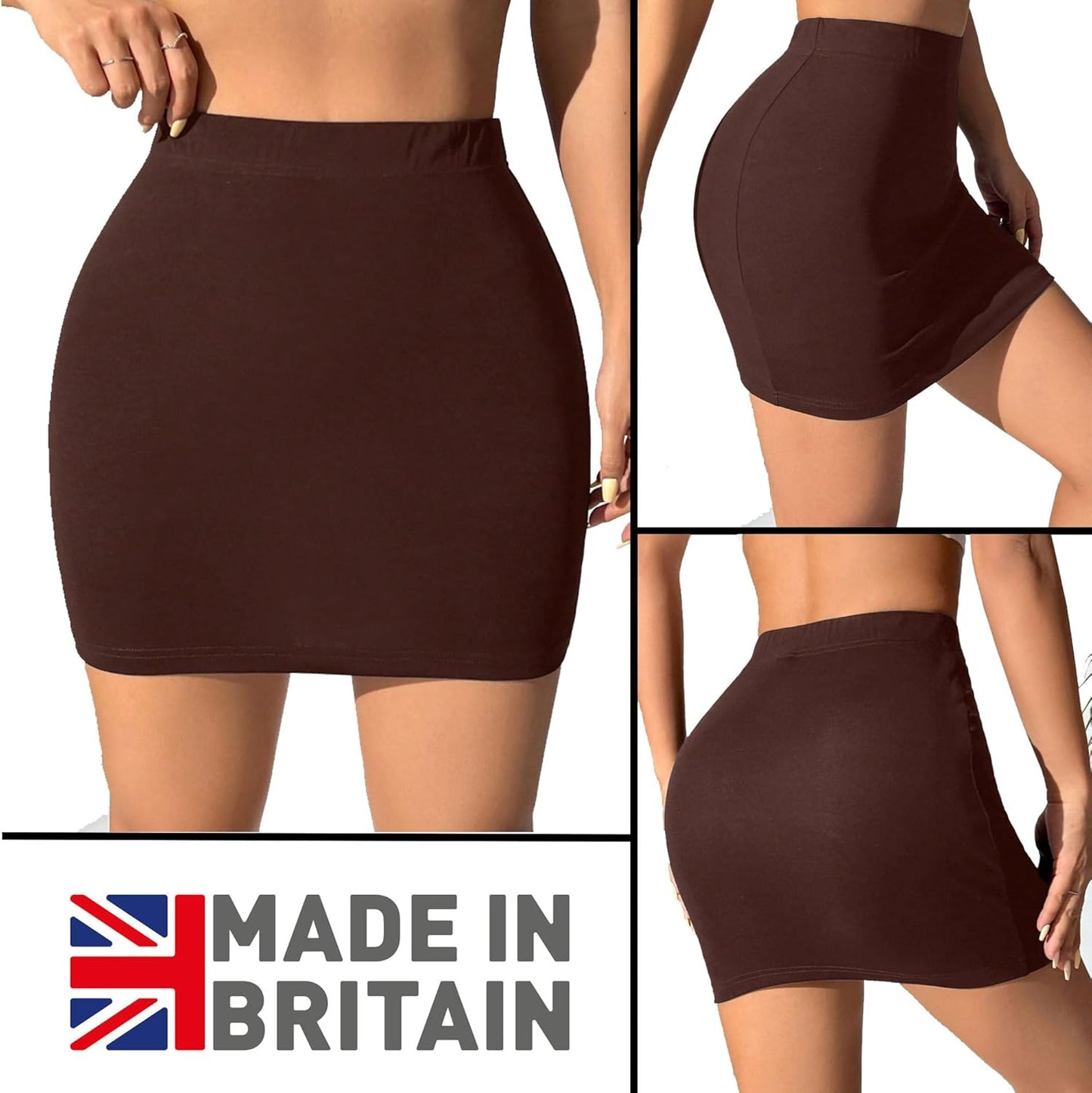 Chocolate mini skirt with form-fitting design and smooth fabric. Casual and elegant style with a solid color for versatile wear.
