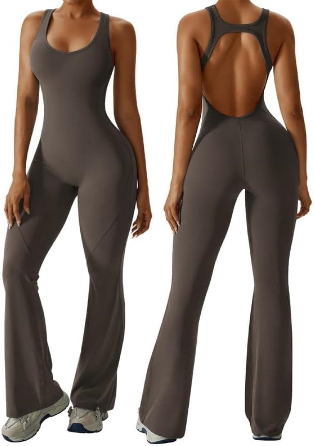 Women's Flared Jumpsuit – Sexy Backless Tight Fitted Sleeveless Racerback Bodysuit with U-Neck and Removable Padding – Wide-Leg Bodycon Unitard Outfit for Yoga and Fitness