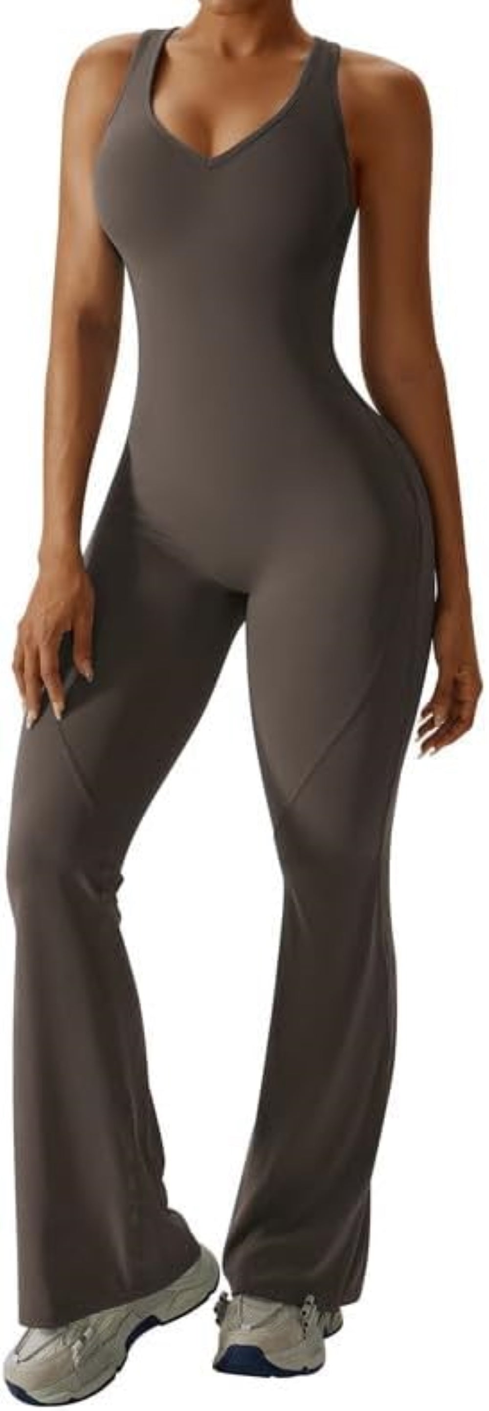 Women's Flared Jumpsuit – Sexy Backless Tight Fitted Sleeveless Racerback Bodysuit with U-Neck and Removable Padding – Wide-Leg Bodycon Unitard Outfit for Yoga and Fitness