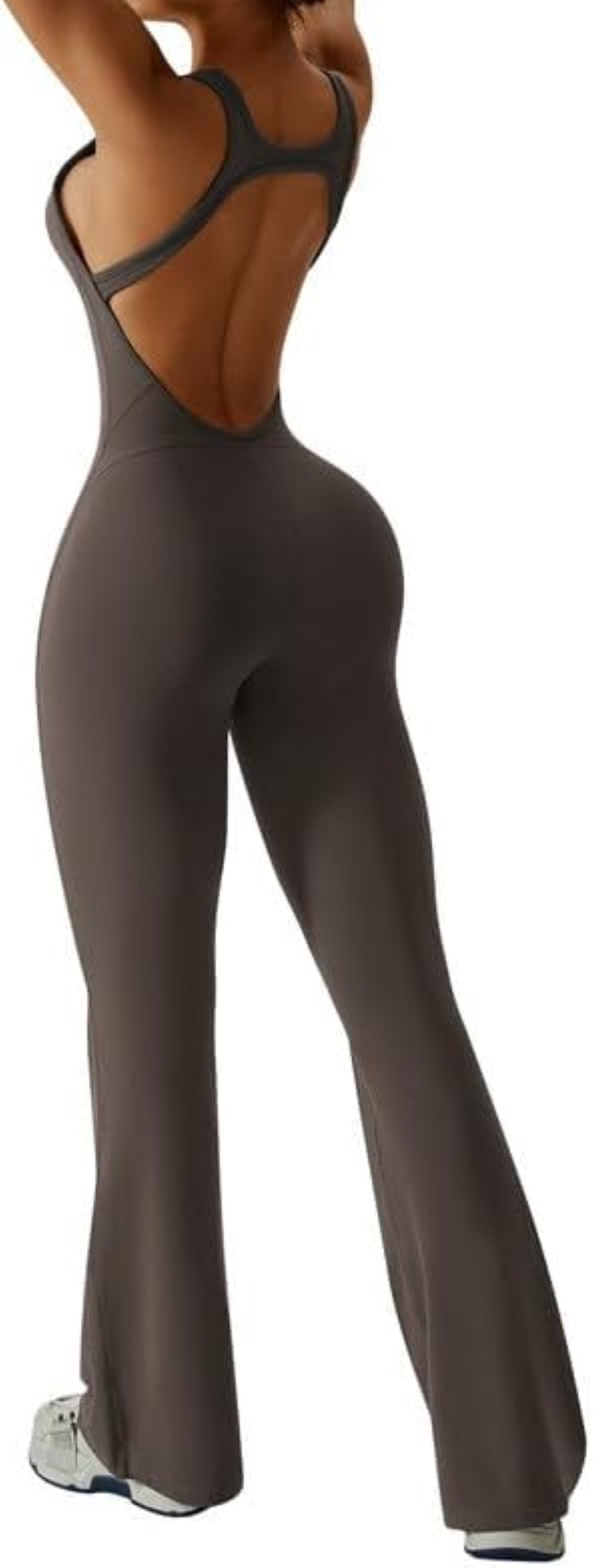 Women's Flared Jumpsuit – Sexy Backless Tight Fitted Sleeveless Racerback Bodysuit with U-Neck and Removable Padding – Wide-Leg Bodycon Unitard Outfit for Yoga and Fitness
