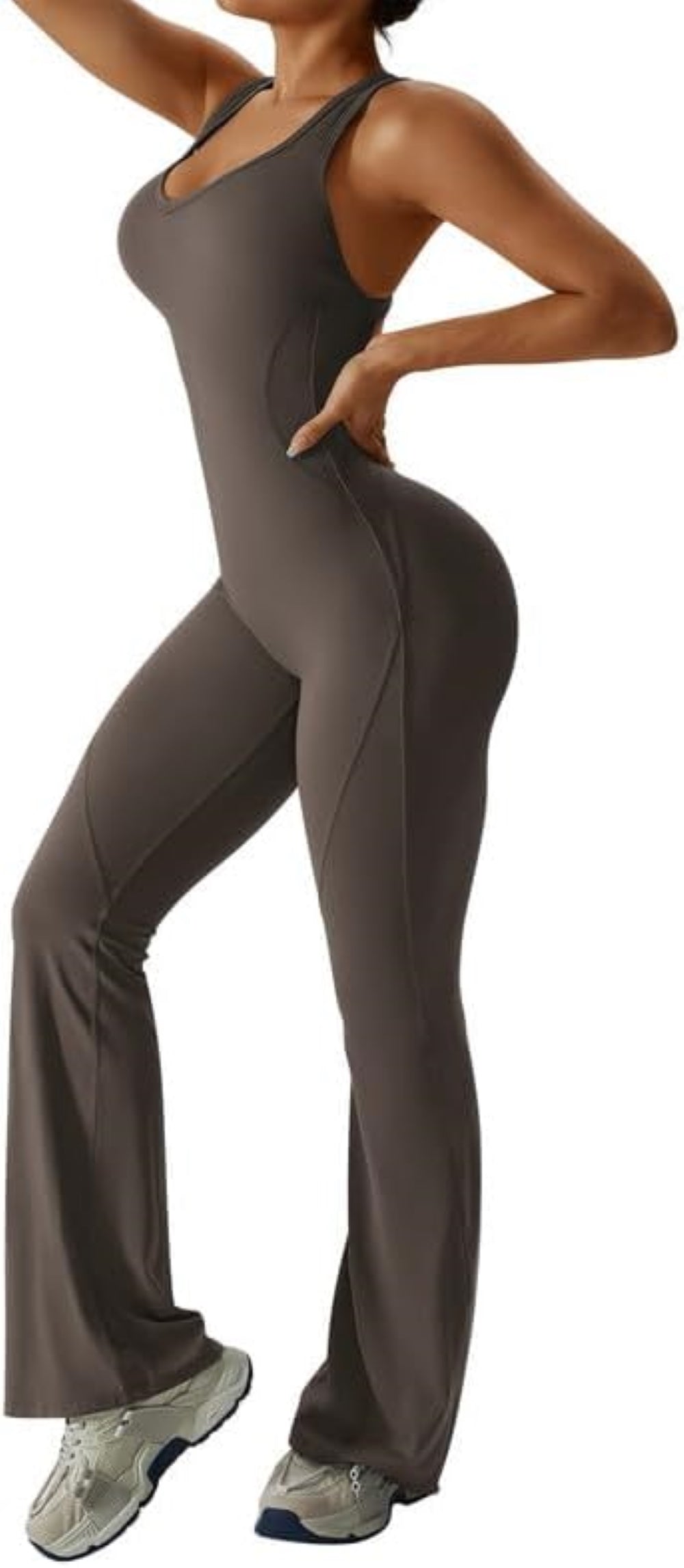 Women's Flared Jumpsuit – Sexy Backless Tight Fitted Sleeveless Racerback Bodysuit with U-Neck and Removable Padding – Wide-Leg Bodycon Unitard Outfit for Yoga and Fitness