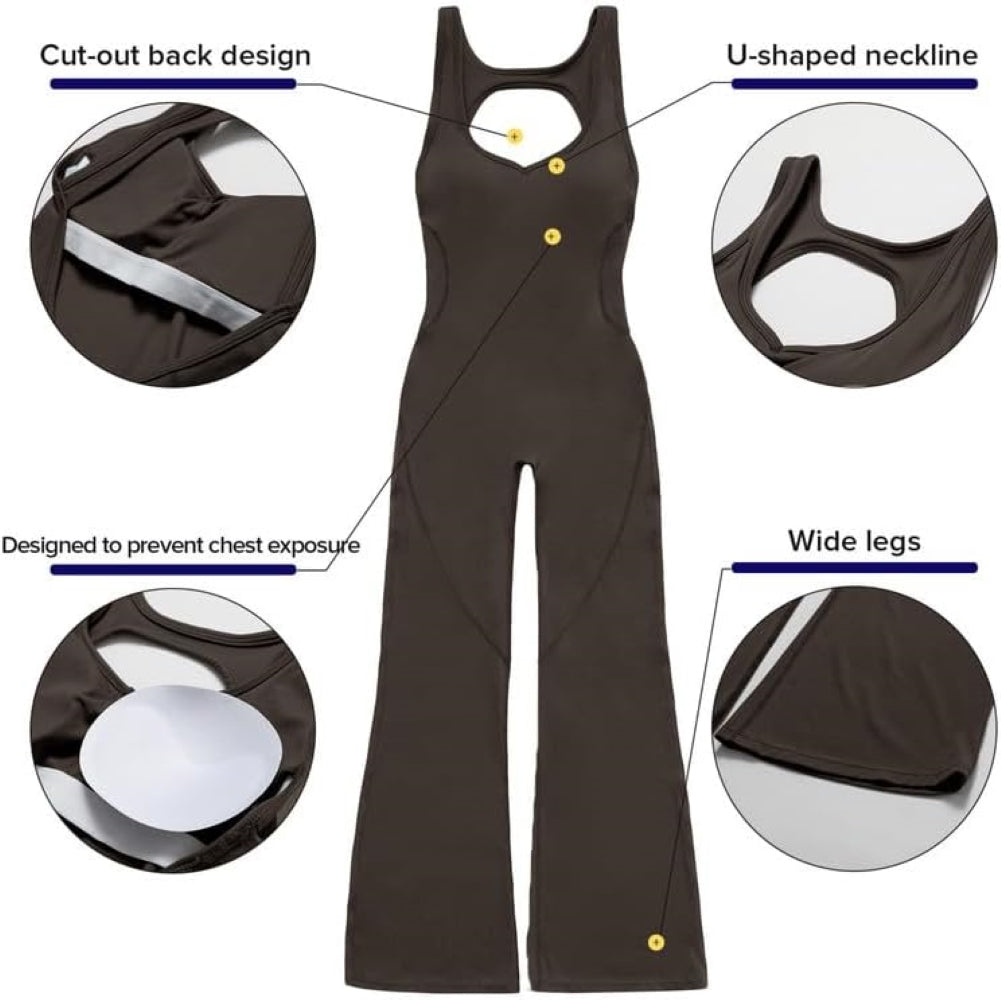 Women's Flared Jumpsuit – Sexy Backless Tight Fitted Sleeveless Racerback Bodysuit with U-Neck and Removable Padding – Wide-Leg Bodycon Unitard Outfit for Yoga and Fitness