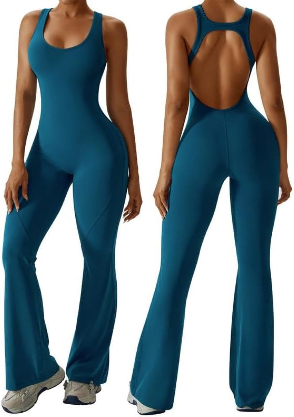 Women's Flared Jumpsuit – Sexy Backless Tight Fitted Sleeveless Racerback Bodysuit with U-Neck and Removable Padding – Wide-Leg Bodycon Unitard Outfit for Yoga and Fitness