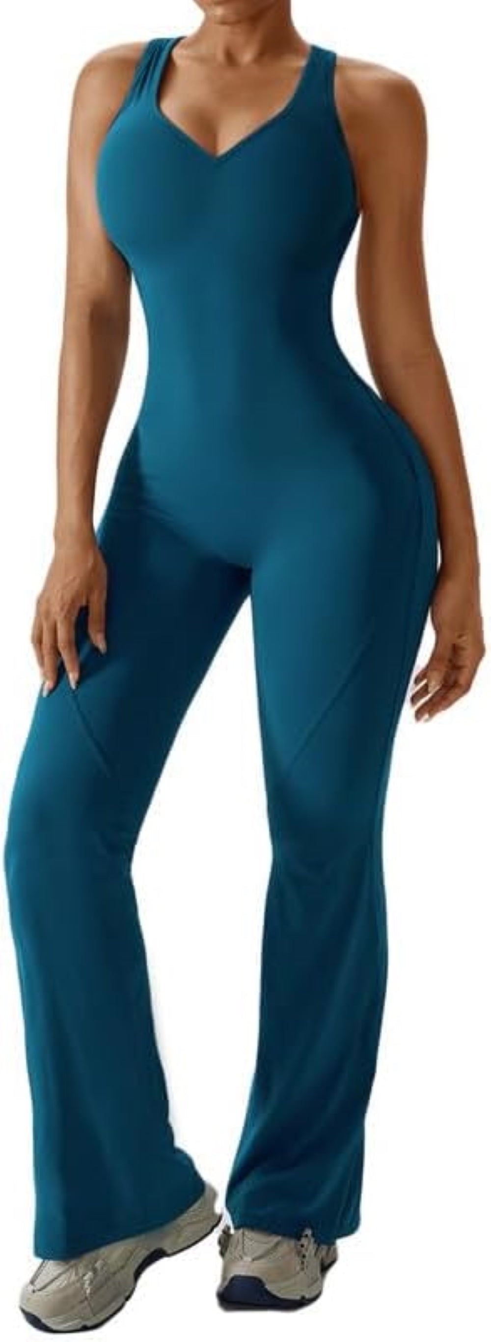 Women's Flared Jumpsuit – Sexy Backless Tight Fitted Sleeveless Racerback Bodysuit with U-Neck and Removable Padding – Wide-Leg Bodycon Unitard Outfit for Yoga and Fitness