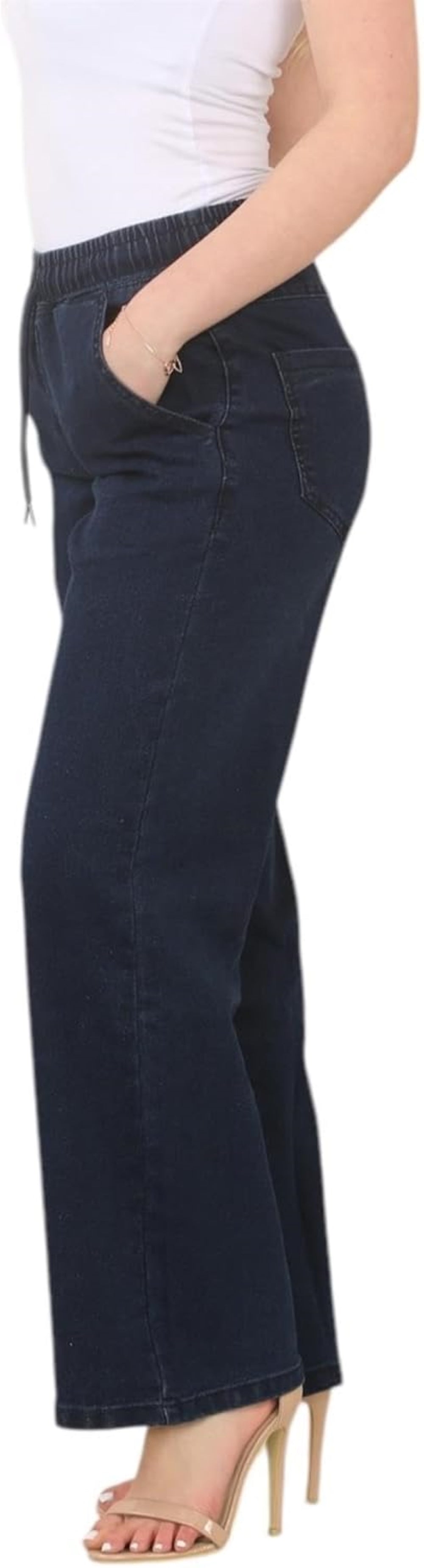 Dark Stonewash wide-leg pants with elastic waistband, drawstring, and pockets, paired with a white tank top