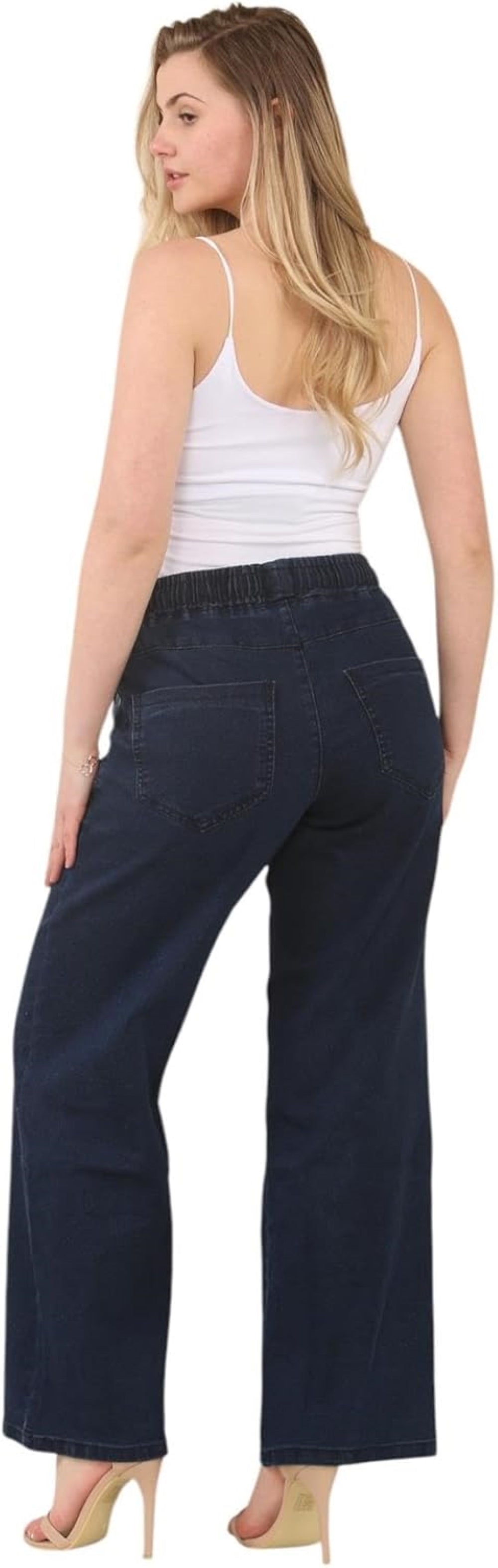 Dark Stonewash wide-leg pants with elastic waistband and straight-leg fit, paired with a white tank top and beige high-heeled sandals.