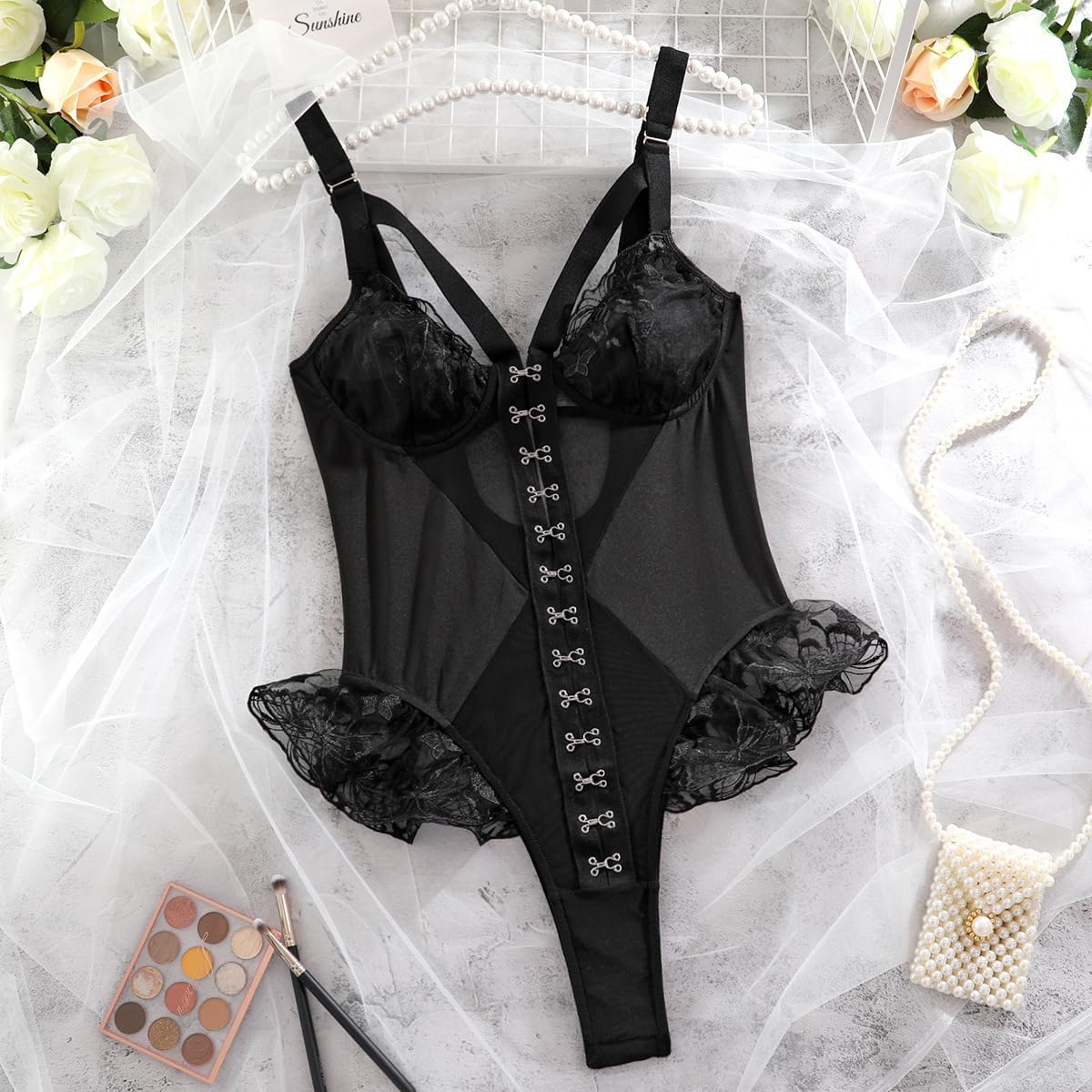 Sultry Mesh Corset Teddy Bodysuit - Strappy Lace Snap Crotch Sheer Babydoll Lingerie Set for Women | V-Neck Bridal Nightwear (Plus Size Available)