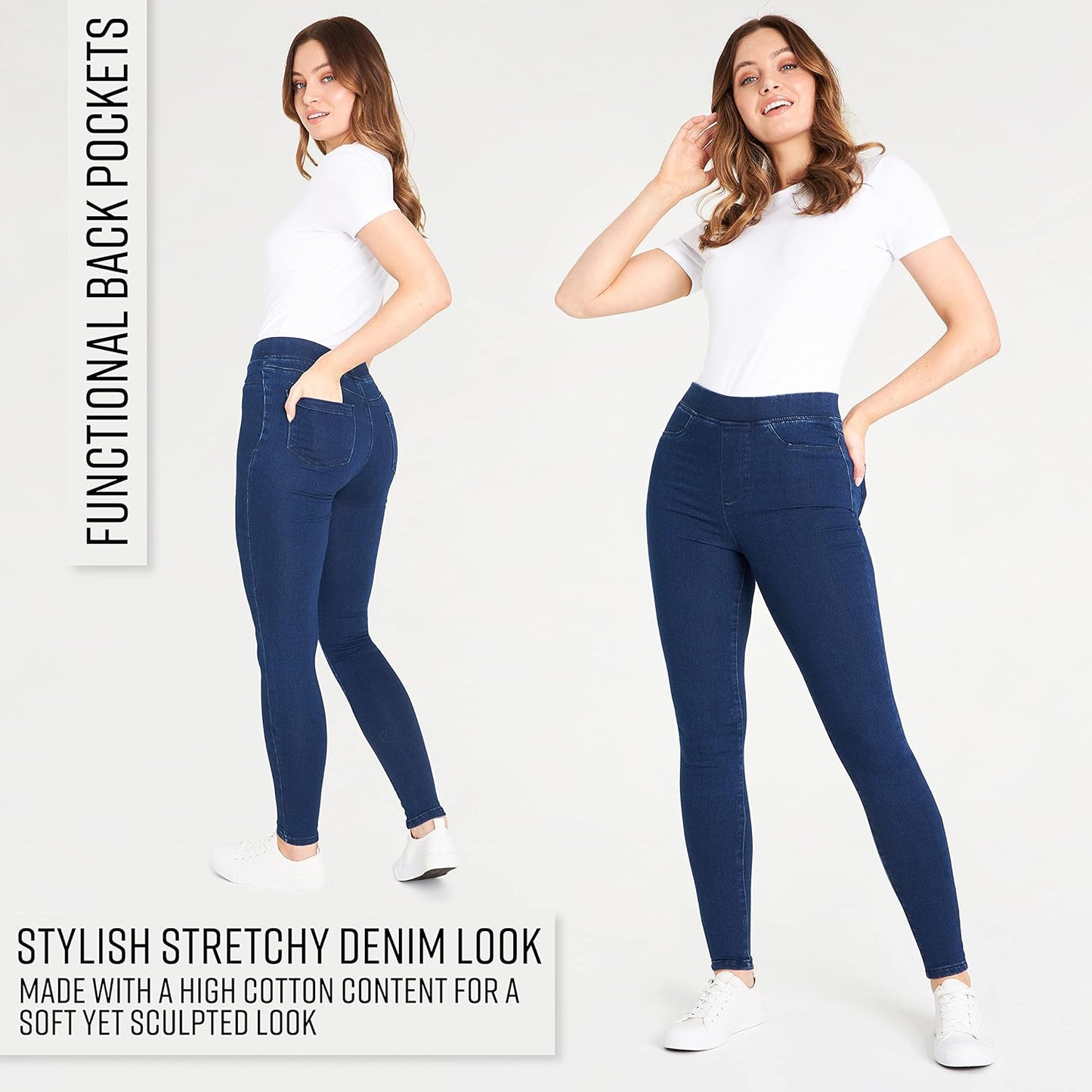 Woman wearing dark blue skinny jeans with a white short-sleeved t-shirt and white sneakers.