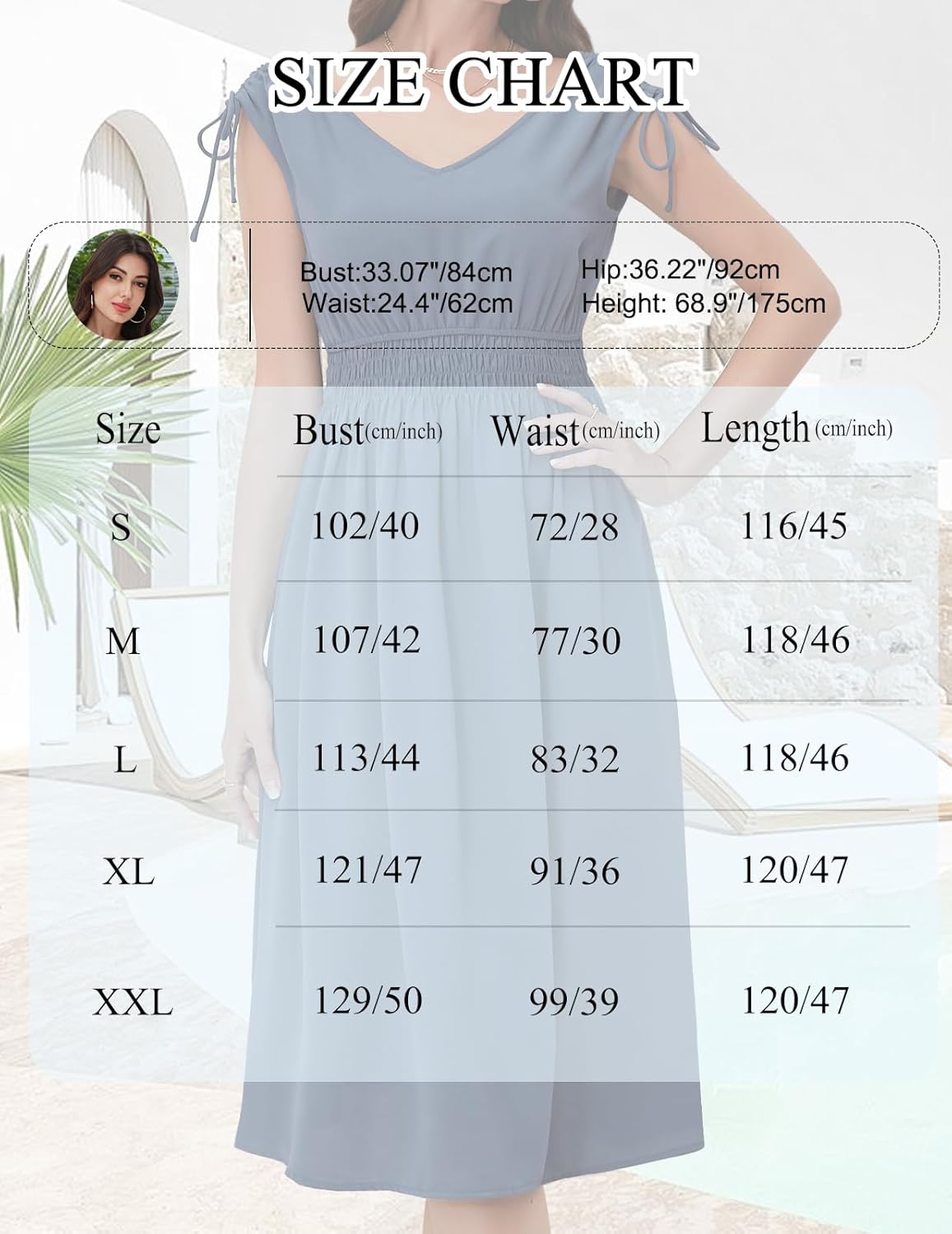 Denim-Blue dress size chart showing measurements for sizes S to XXL in centimeters and inches.