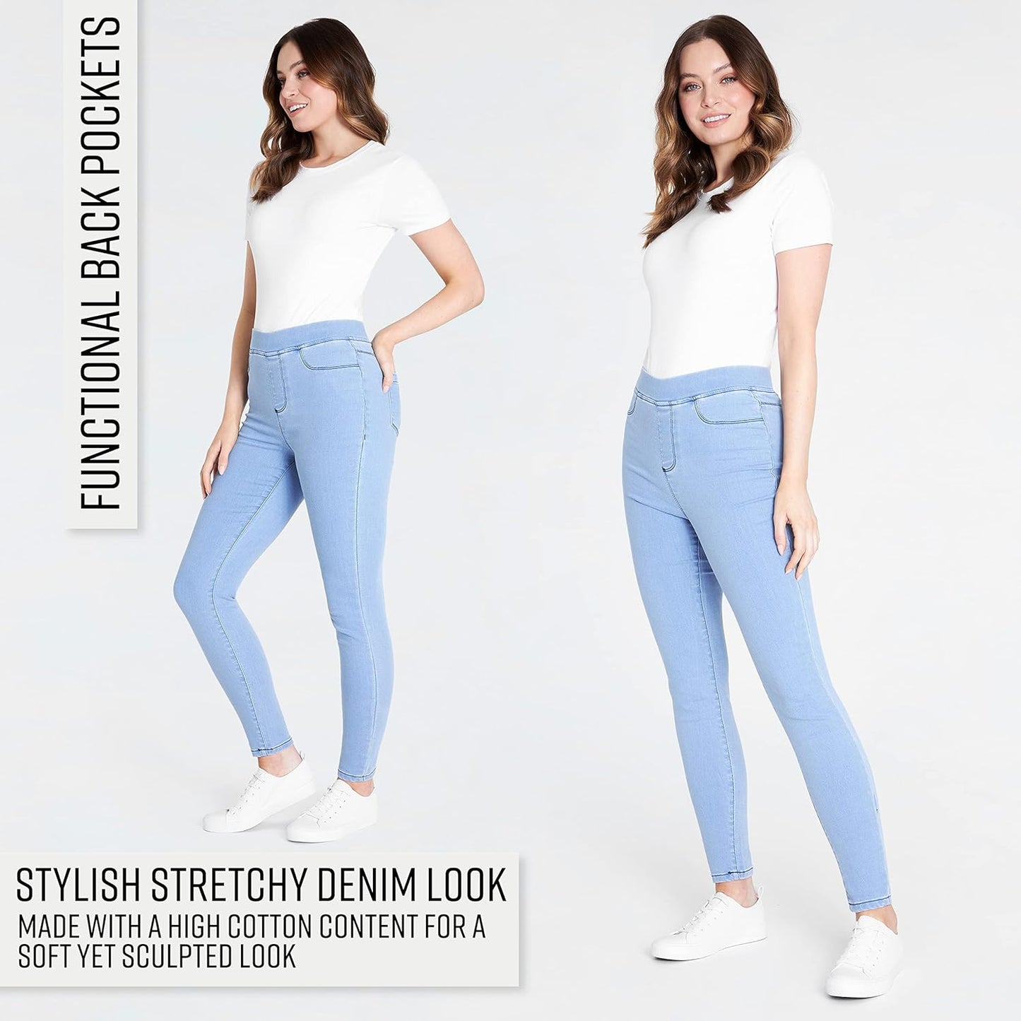 Woman wearing light blue skinny jeans with a white short-sleeved shirt and white sneakers.