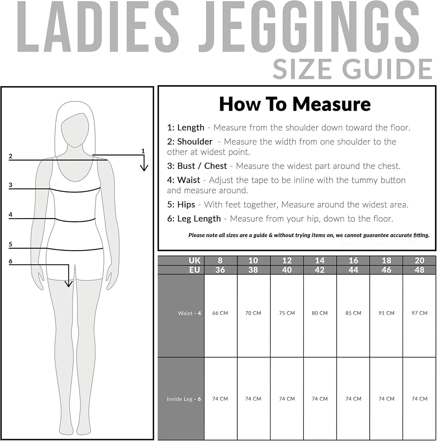 Ladies jeggings size guide showing measurement instructions and size chart with UK/EU sizes and corresponding waist and inside leg measurements
