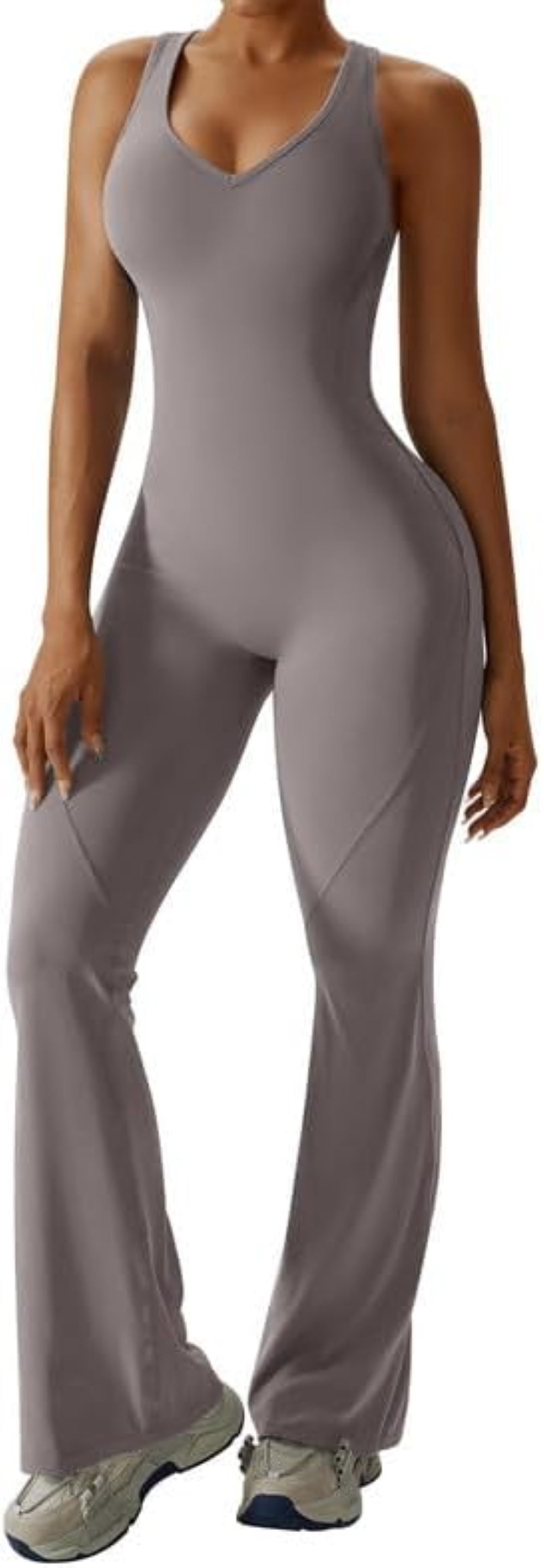 Women's Flared Jumpsuit – Sexy Backless Tight Fitted Sleeveless Racerback Bodysuit with U-Neck and Removable Padding – Wide-Leg Bodycon Unitard Outfit for Yoga and Fitness