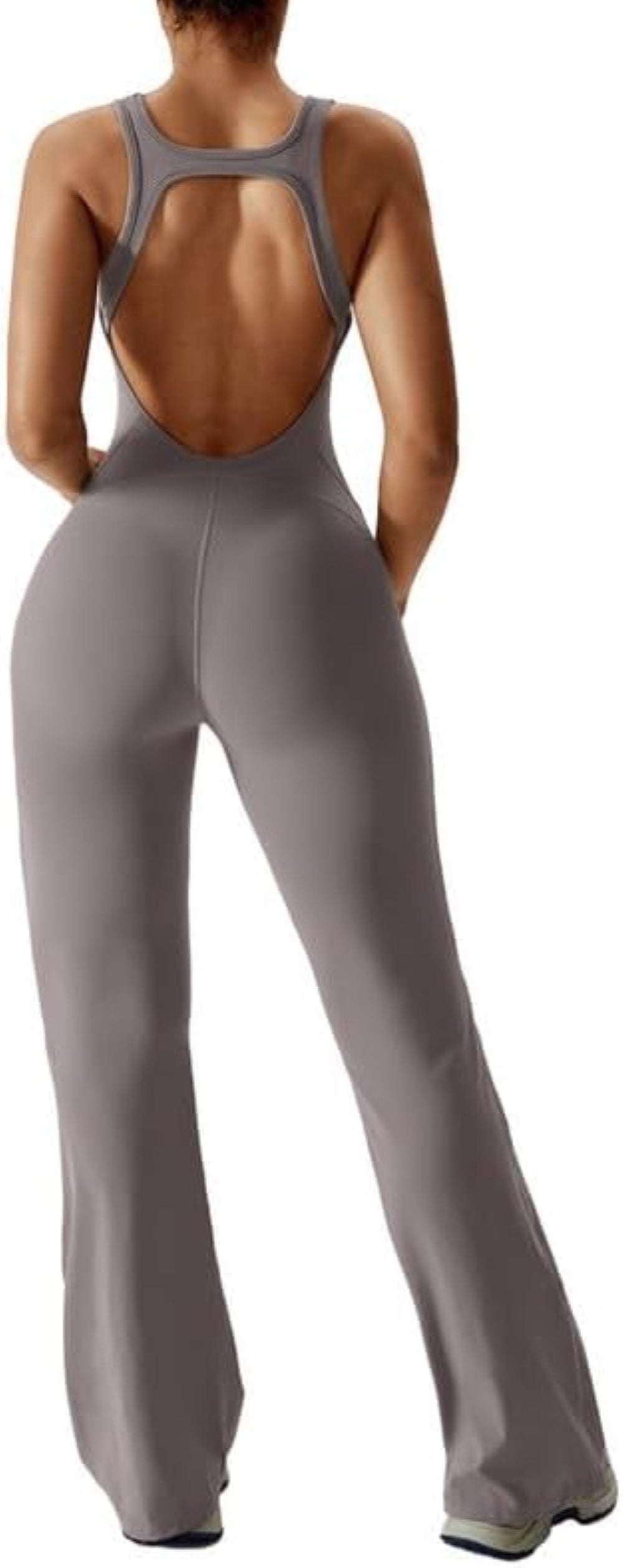 Women's Flared Jumpsuit – Sexy Backless Tight Fitted Sleeveless Racerback Bodysuit with U-Neck and Removable Padding – Wide-Leg Bodycon Unitard Outfit for Yoga and Fitness
