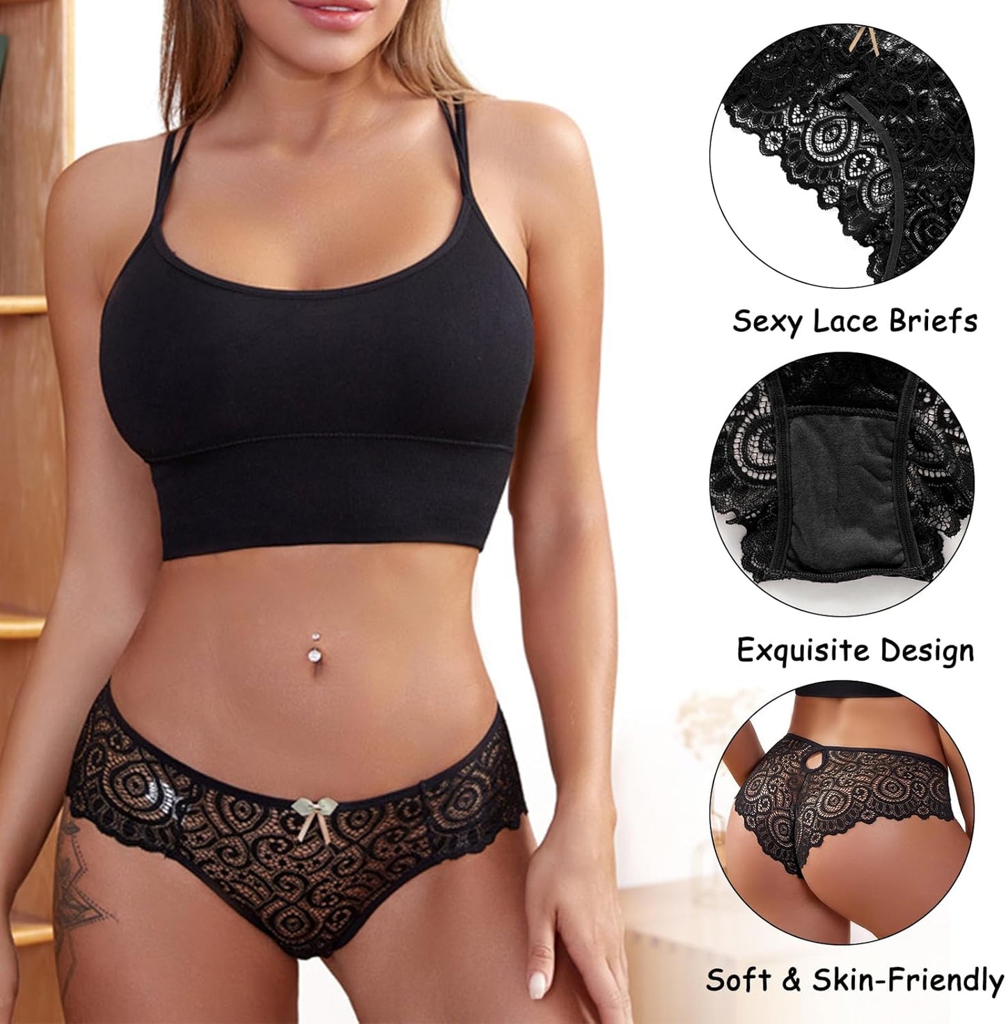 5-Pack Women’s Lace Low-Rise Knickers – Soft Seamless Bikini Briefs | Breathable Cotton Gusset, Everyday Comfort (S-XL)