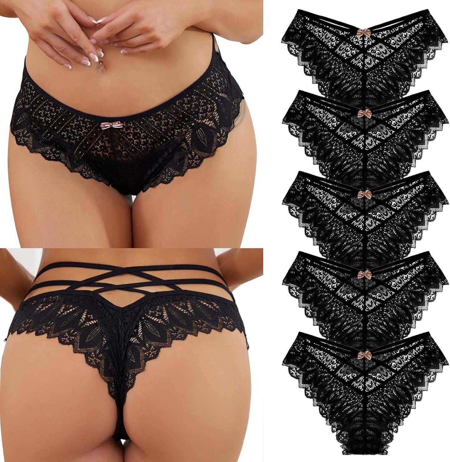 5-Pack Women’s Lace Low-Rise Knickers – Soft Seamless Bikini Briefs | Breathable Cotton Gusset, Everyday Comfort (S-XL)