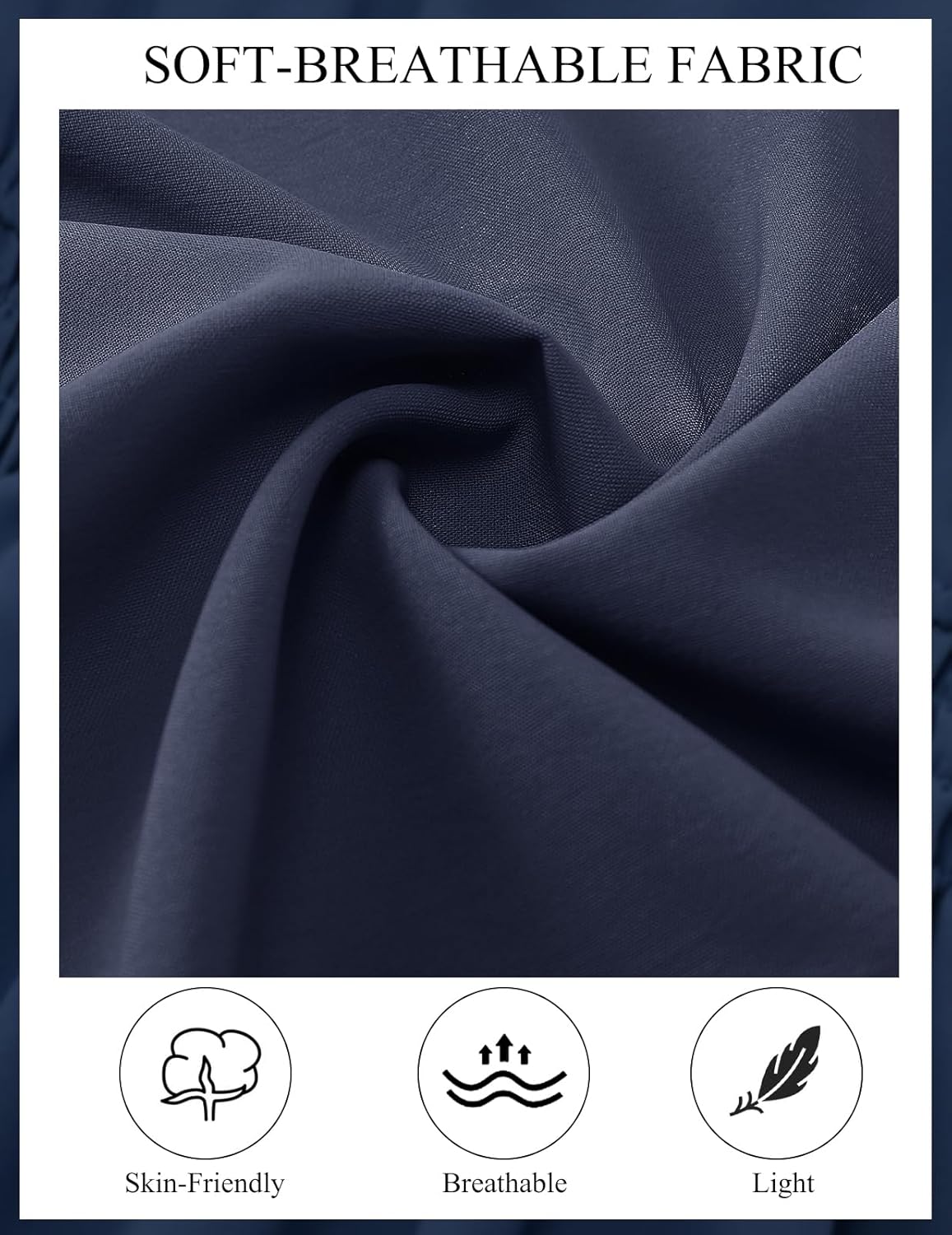 Close-up of Navy fabric showcasing its soft and breathable texture. Features icons highlighting skin-friendly, breathable, and lightweight properties. Text overlay reads 'SOFT-BREATHABLE FABRIC' at the top