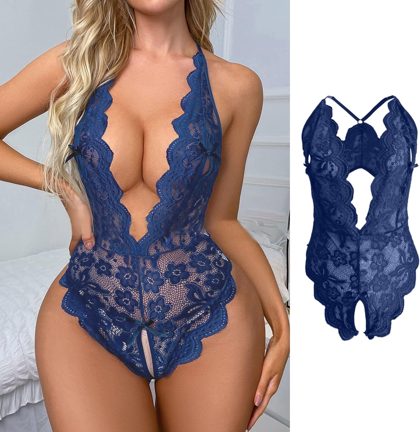 Women's Lace Bodysuit Sexy One-Piece Teddy Lingerie, Deep V-Neckline Laven & Ivory Women's Lace Bodysuit Sexy One-Piece Teddy Lingerie, Deep V-Neckline Laven & Ivory