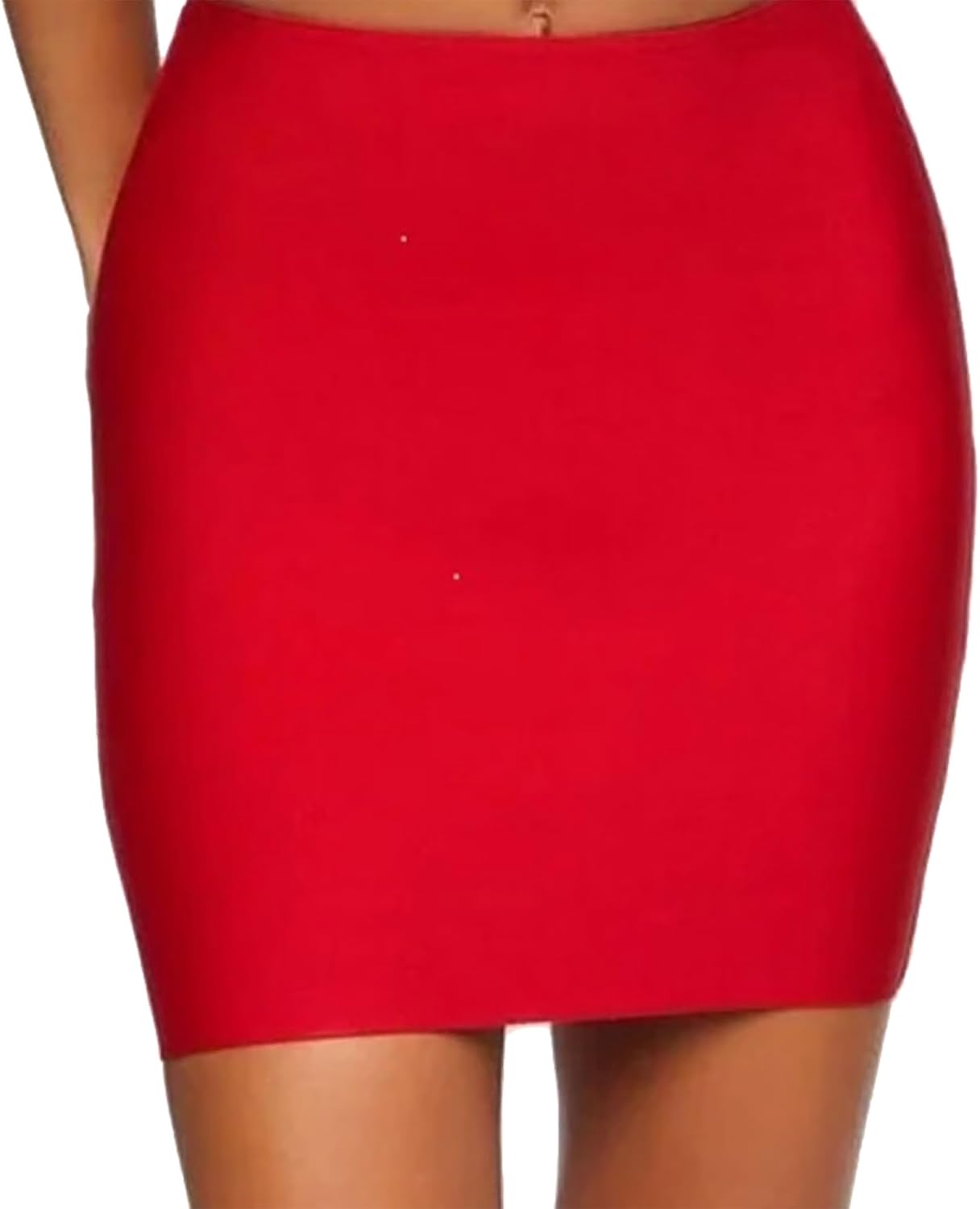 Red mini skirt with smooth fabric and elastic waistband. Classic, form-fitting design for versatile wear.
